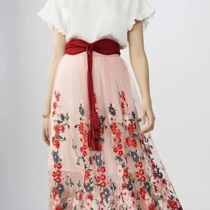 Maje Jamie Floral Embroidered Skirt - Pink and Red